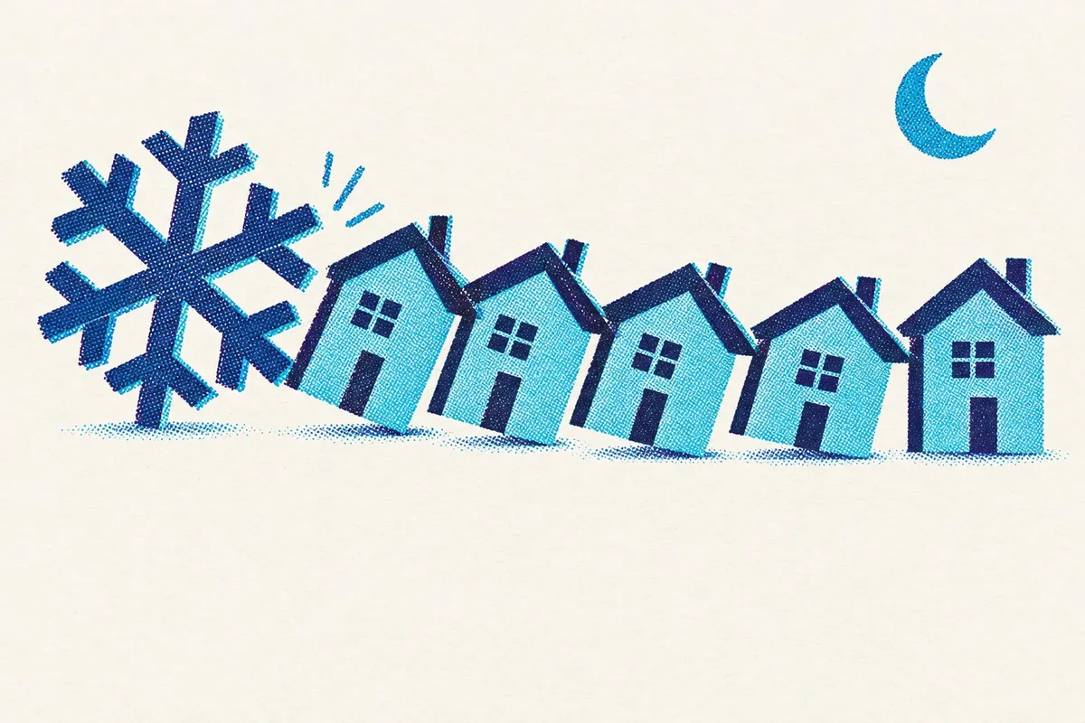 Illustration of a large snowflake knocking over a row of small houses like dominoes, under a crescent moon.