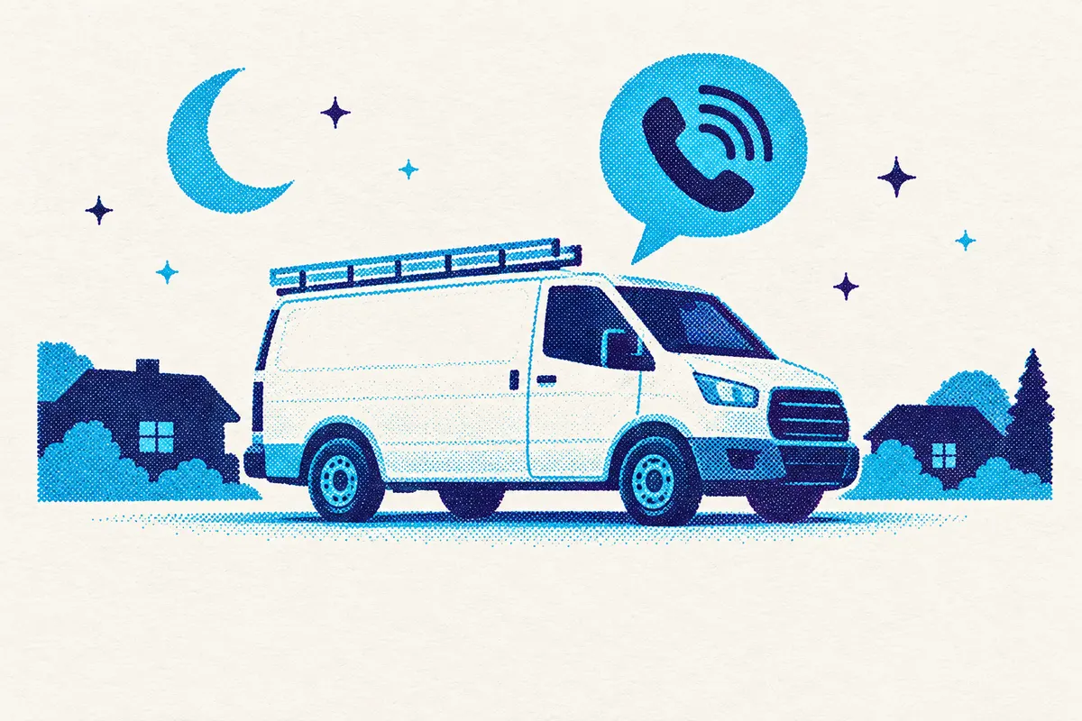 Illustration of a plain work van parked at night under a crescent moon, with a speech bubble holding a phone symbol above it.