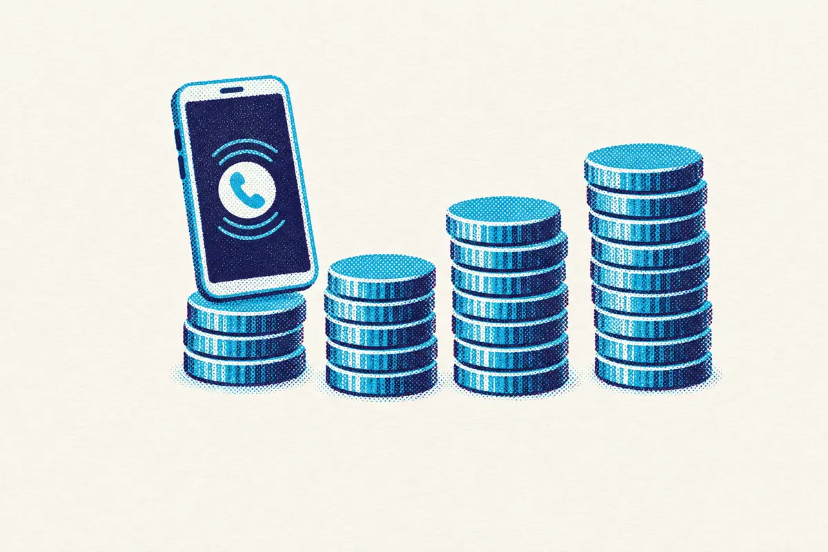 Illustration of a ringing smartphone standing on a stack of coins, beside three more coin stacks of rising height.