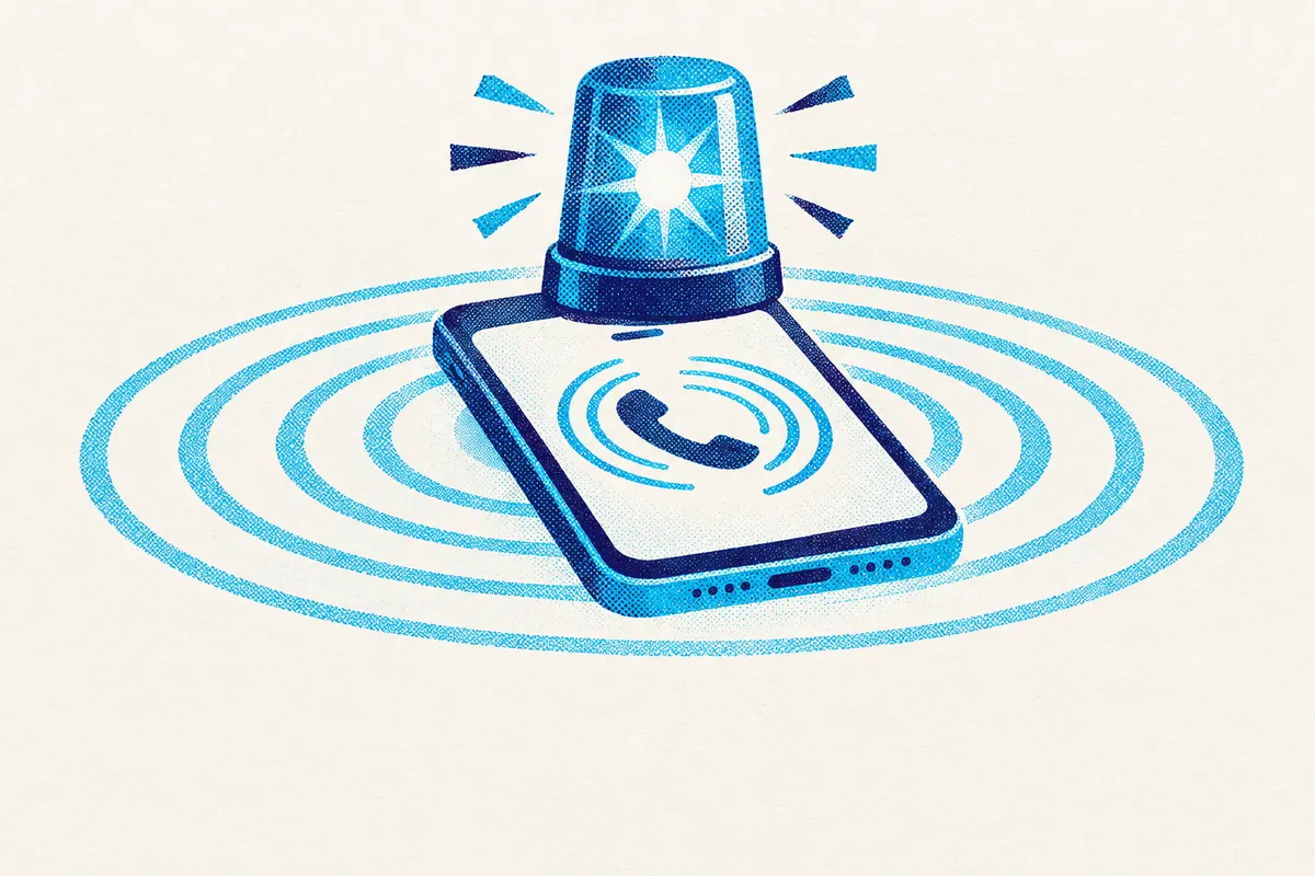 Illustration of an emergency beacon light sitting on top of a ringing smartphone, with ripple rings around it.