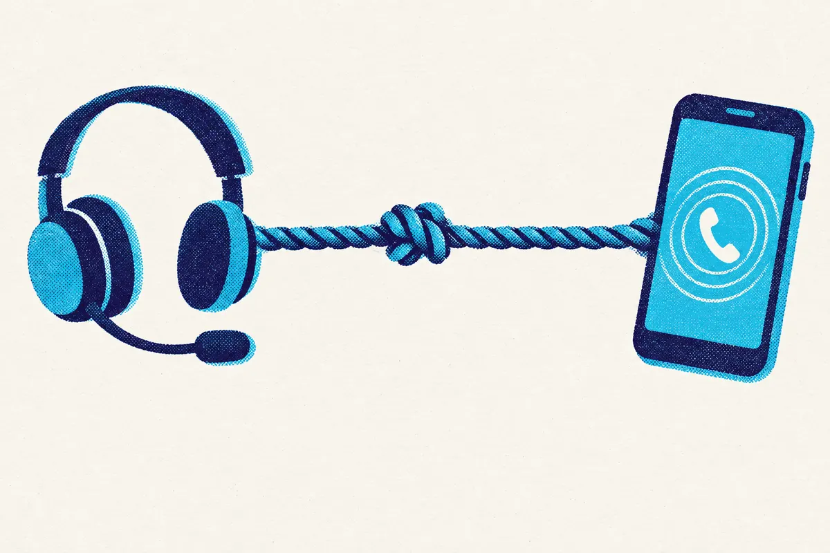 Illustration of a tug-of-war rope pulled taut between a call-center headset and a ringing smartphone.