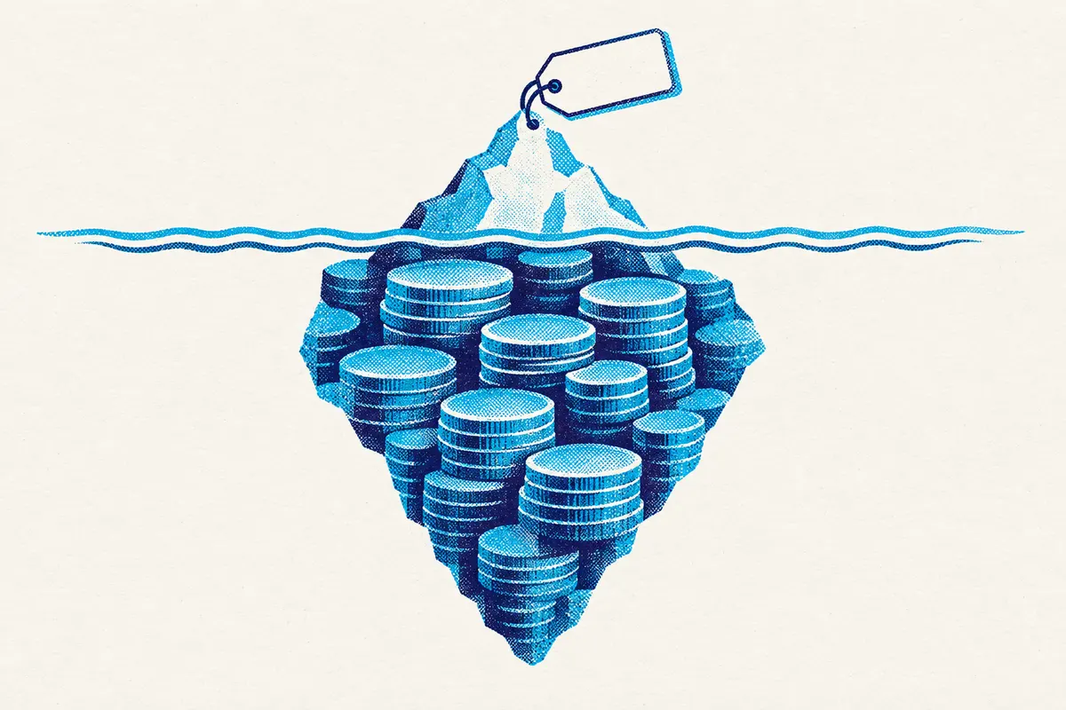 Illustration of an iceberg whose small tip above the waterline is a price tag, while the much larger part below the water is made of stacked coins.