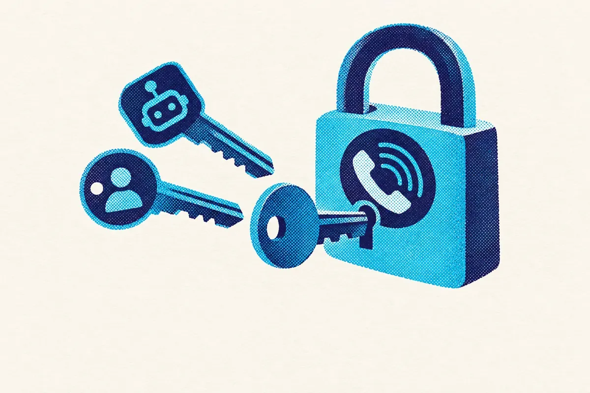 Illustration of three differently shaped keys beside a padlock marked with a phone-handset symbol, one key fitted in the lock.