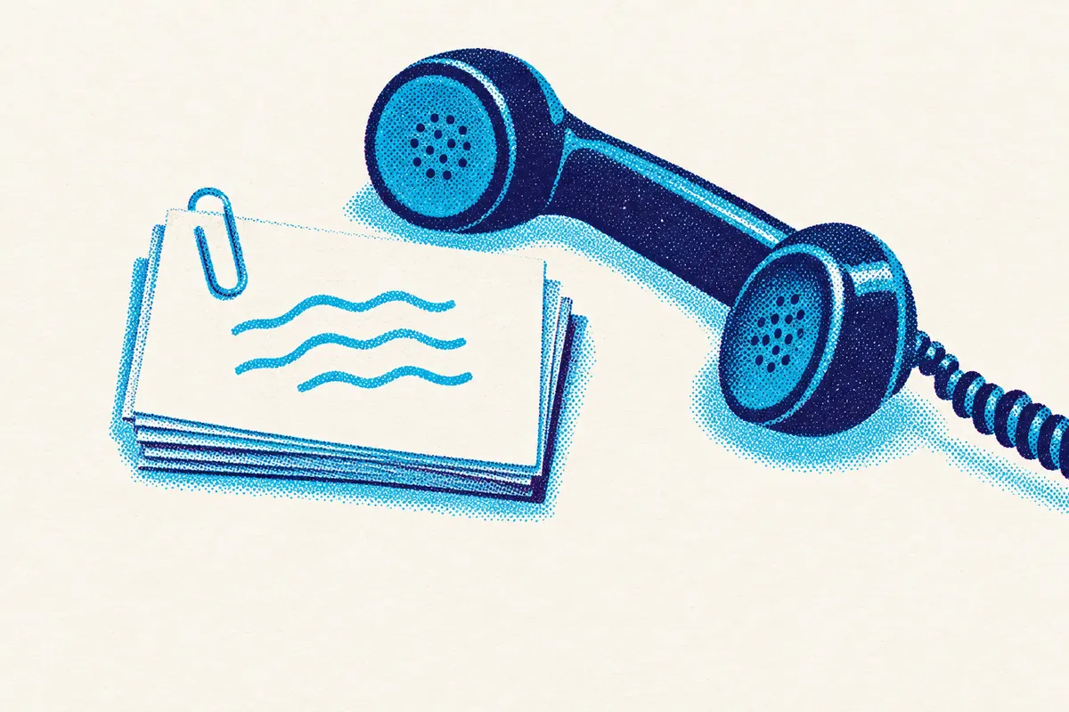Illustration of a small stack of script cards held by a paper clip, beside a vintage telephone handset.