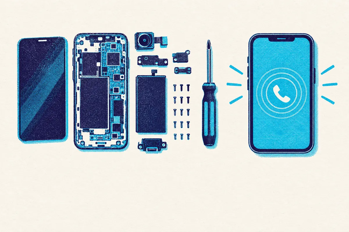 Illustration of a smartphone taken apart into its parts beside a screwdriver, next to the same phone fully assembled and ringing.