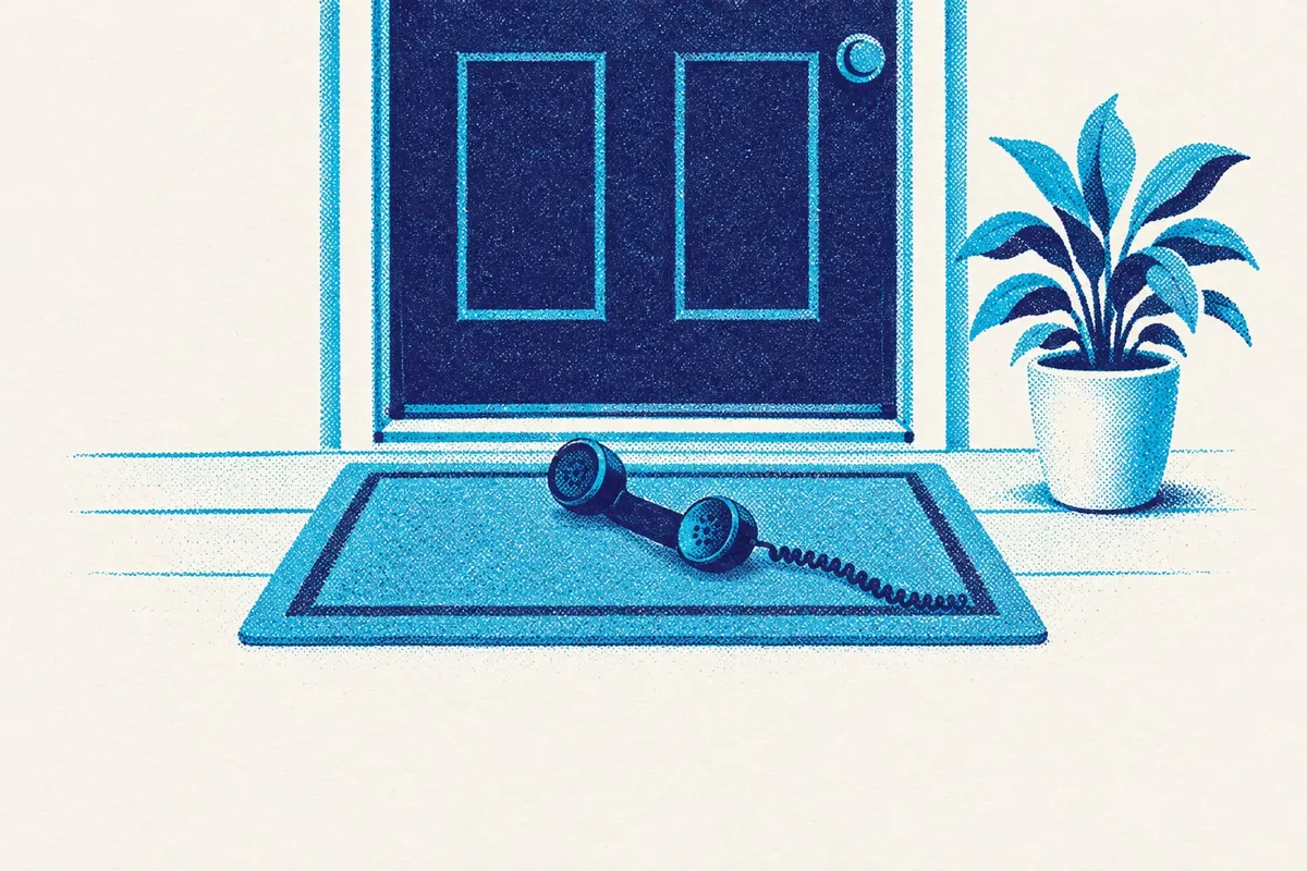 Illustration of a blank doormat in front of a closed door, with a telephone handset resting on the mat and a small potted plant beside it.