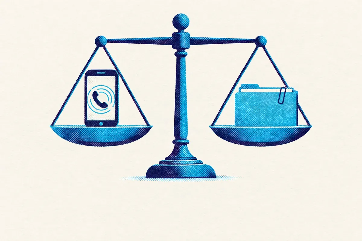 Illustration of a level balance scale holding a small ringing phone in one pan and a closed blank manila folder in the other.