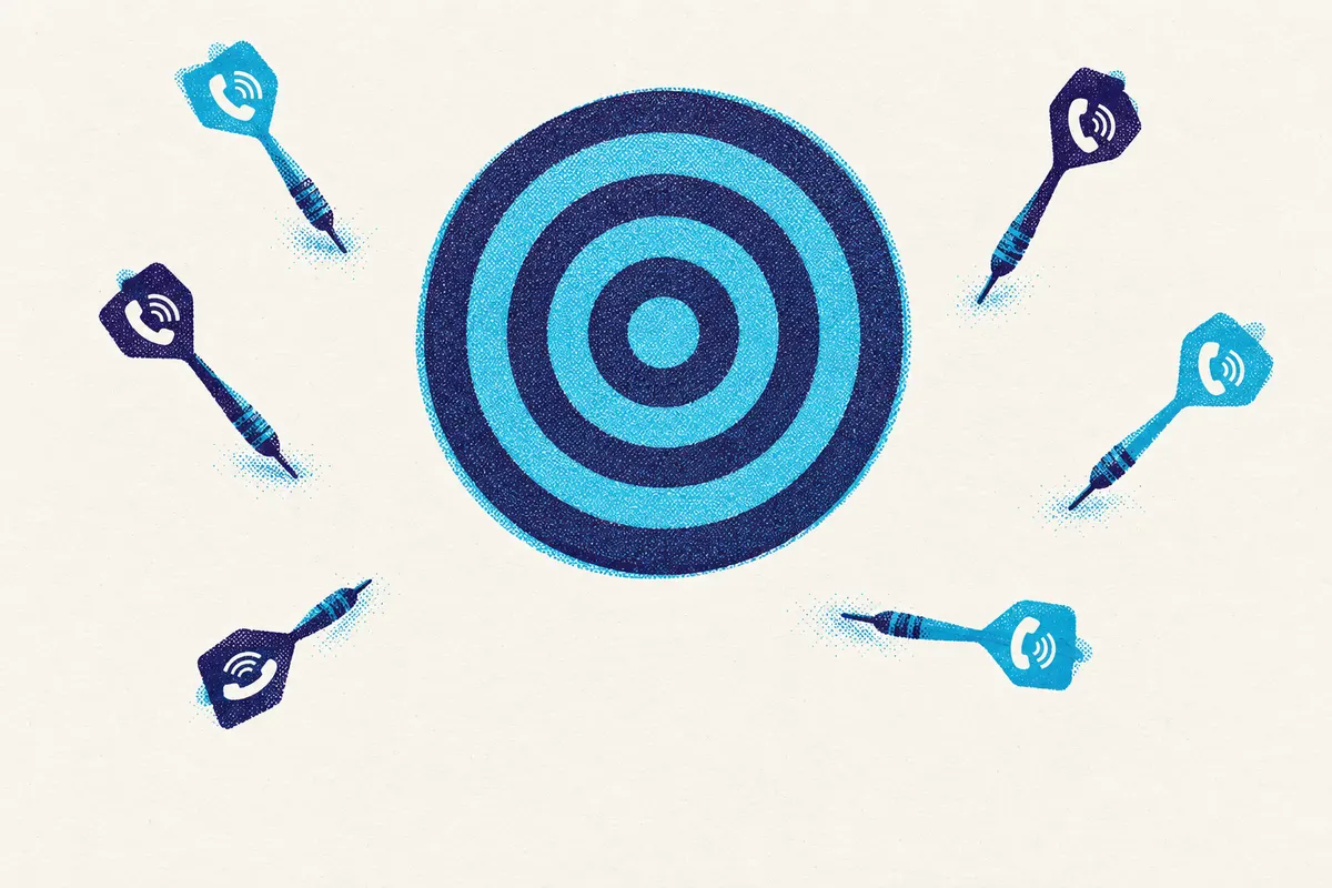 Illustration of a dartboard with darts that missed it scattered around, each dart marked with a phone symbol.