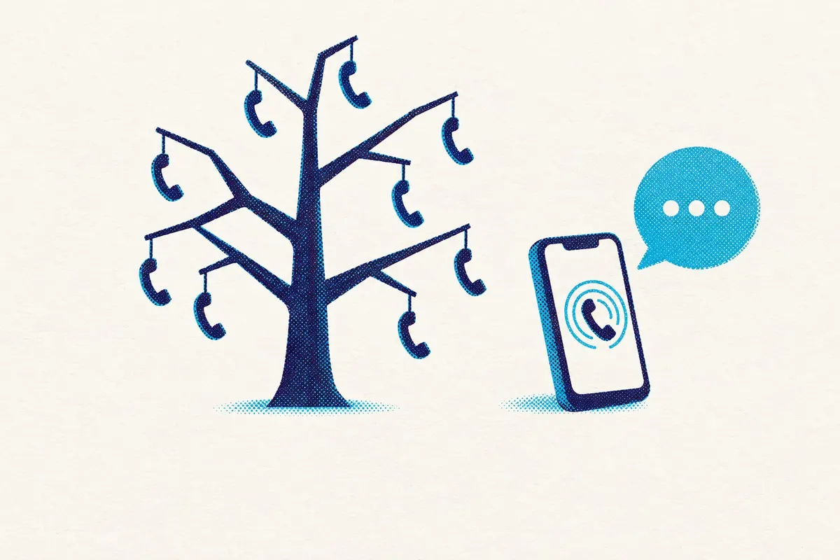 Illustration of a bare tree with telephone handsets hanging from its branches, next to a speech bubble containing three dots.