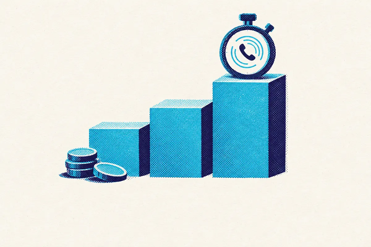 Illustration of three blocks rising like a staircase of pricing tiers, with a stopwatch on the tallest block and coins at the foot of the shortest.