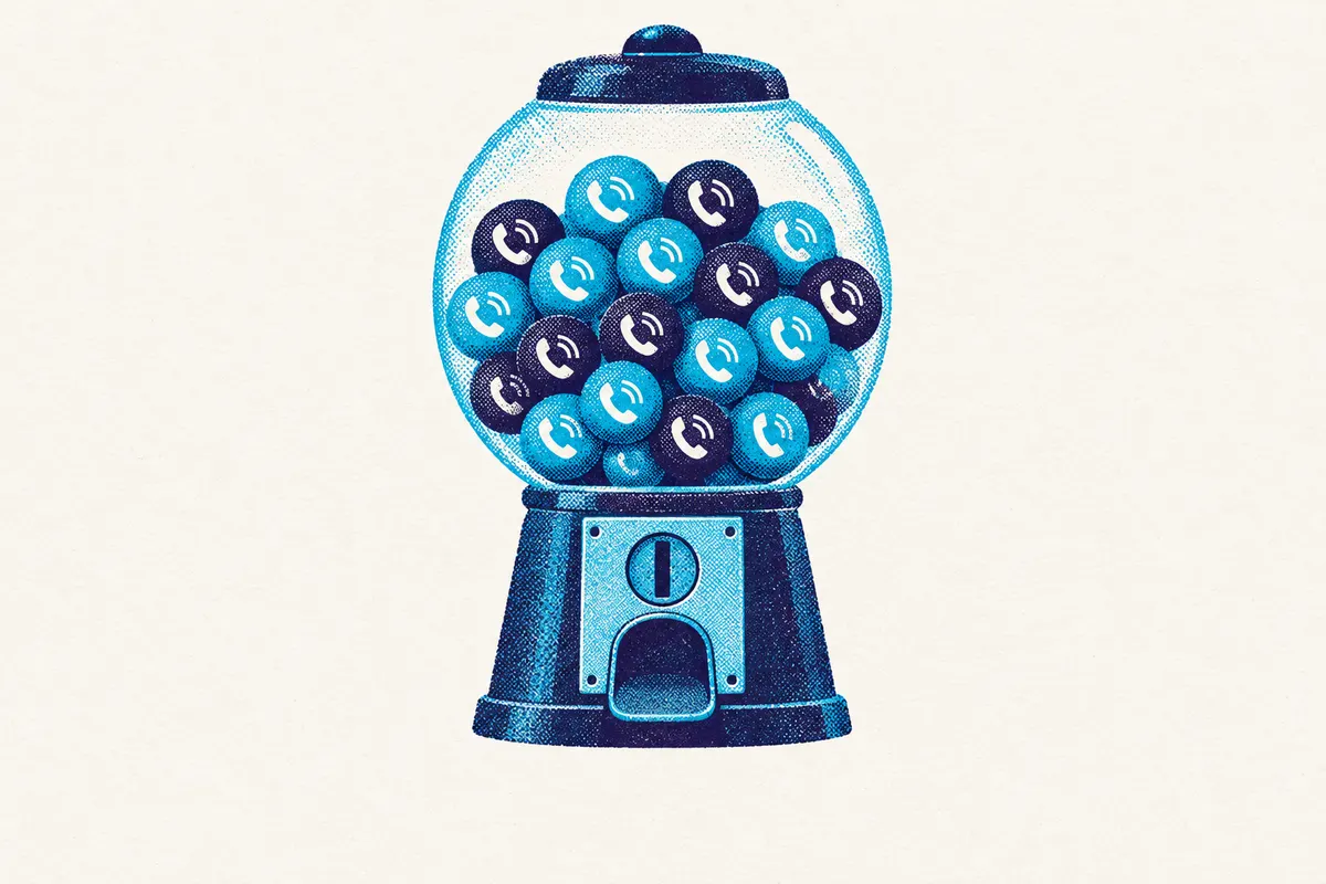 Illustration of a coin-operated gumball machine filled with gumballs.