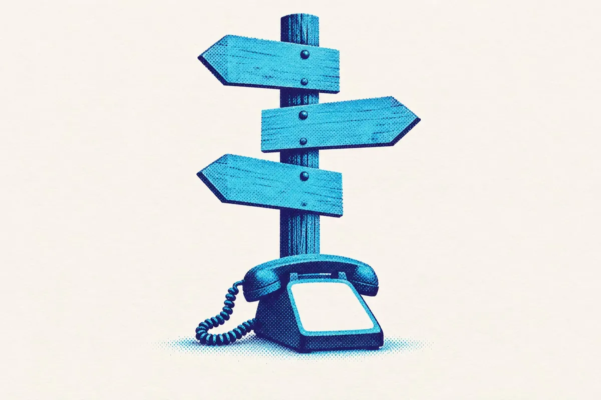 Illustration of a wooden signpost with three blank arrow boards pointing different ways, a plain coiled-cord desk telephone resting at its base.