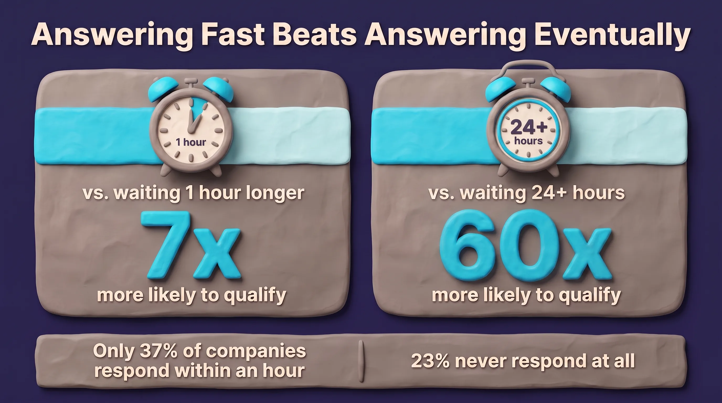 Chart comparing lead response times: responding within the first hour makes a company 7 times more likely to qualify a lead than waiting one hour longer, and 60 times more likely than waiting 24 or more hours. Only 37% of companies respond within an hour, and 23% never respond at all.