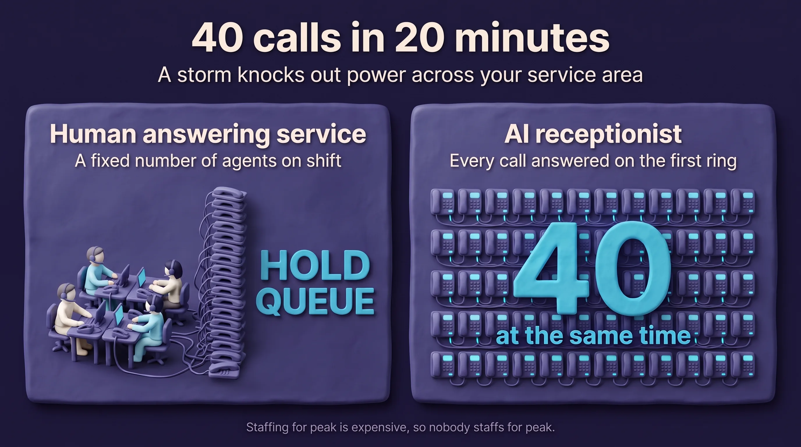 Infographic titled '40 calls in 20 minutes', subtitled 'a storm knocks out power across your service area'. The left panel, headed 'Human answering service — a fixed number of agents on shift', shows a small team of agents at desks beside a tall stack of waiting phone handsets labelled HOLD QUEUE. The right panel, headed 'AI receptionist — every call answered on the first ring', shows a dense grid of connected handsets behind a large numeral 40 and the words 'at the same time'. A footnote reads: staffing for peak is expensive, so nobody staffs for peak.